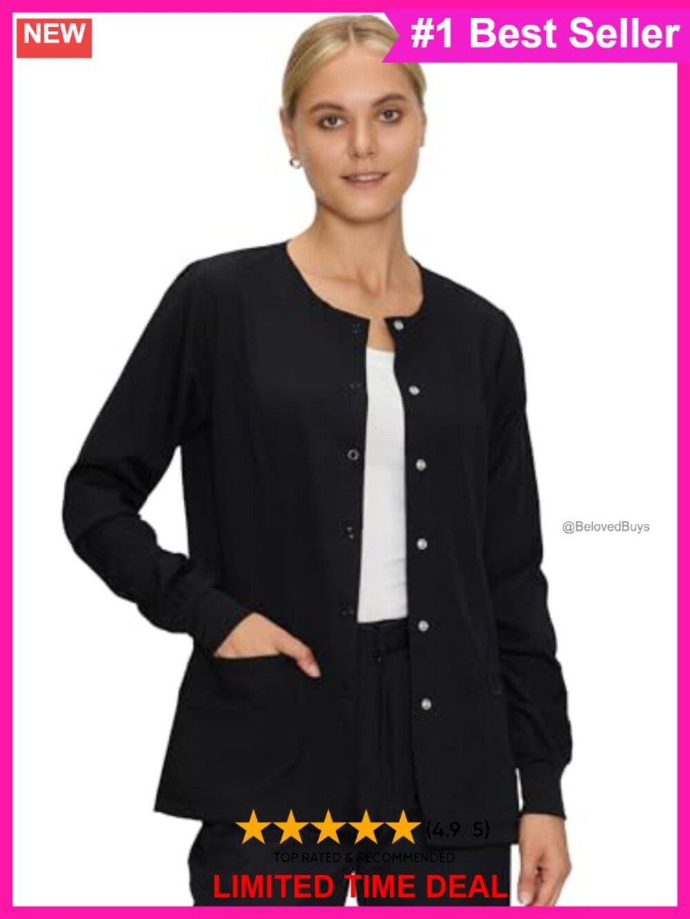 Snap Front Scrub Jacket Round Neck Ribbed Cuffs
